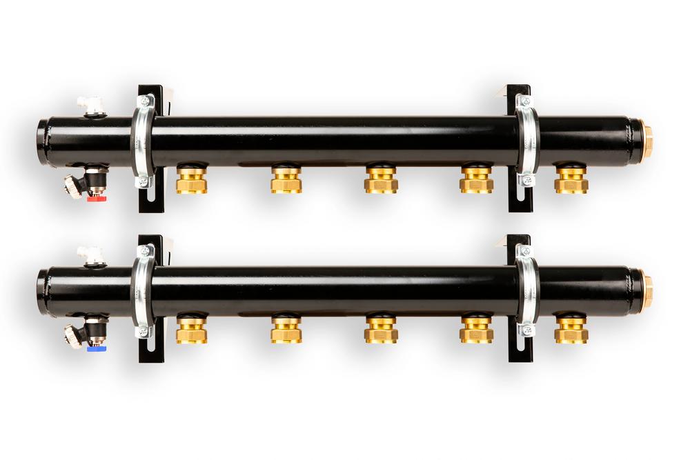 HERZ - Rozdeľovač schodiskový, zostava DN40, 11- okruhový, obsahuje rozdeľovač a zberač, vrátane 2 x odvzdušňovacích a 2 x vypúšťacích ventilov a trojuholníkových konzol, výškovo a hĺbkovo nastaviteľných, vnútorný 6/4