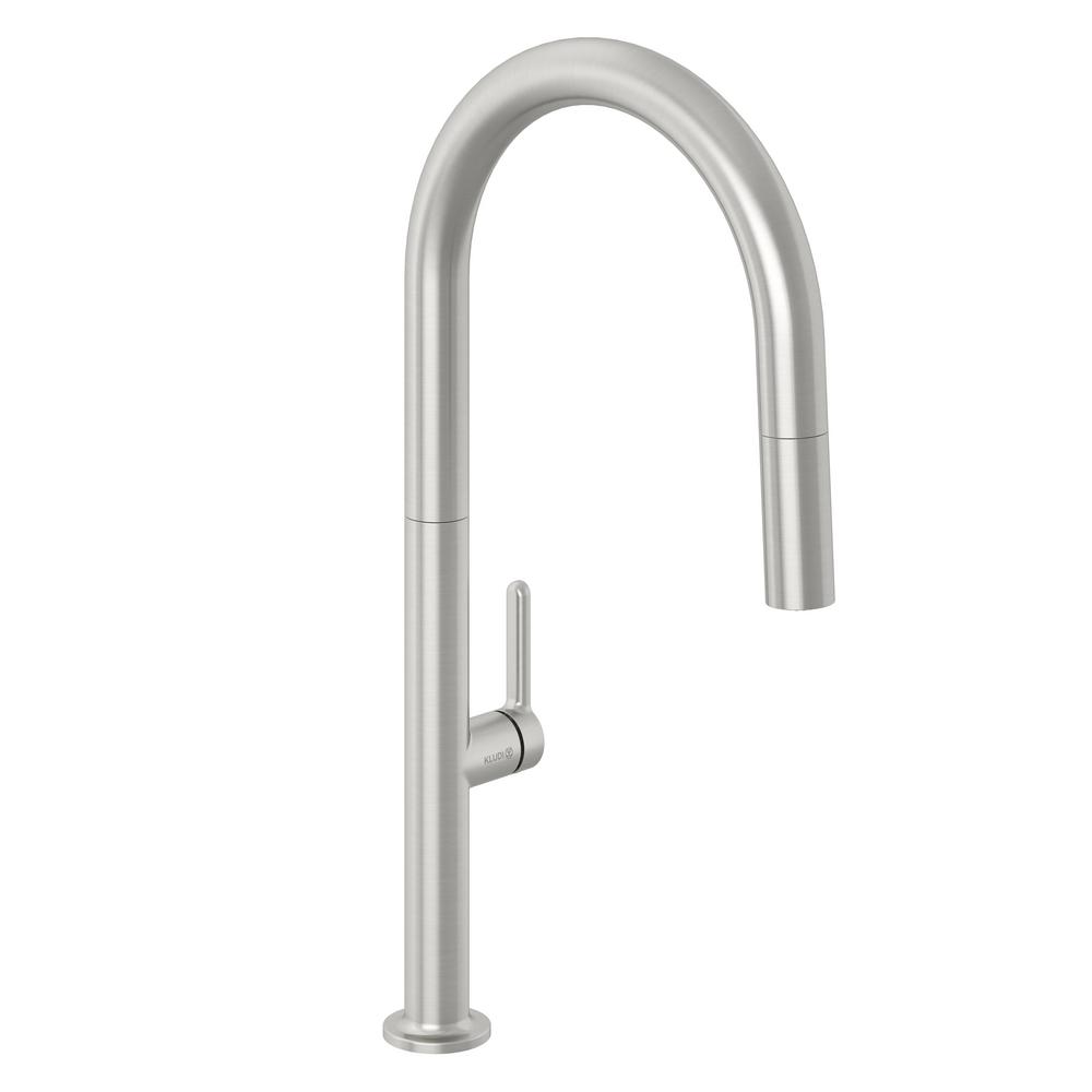 Vodovodná batéria drezová stojánková páková brushed nikel vyťahovateľná sprška AUREA Kludi 