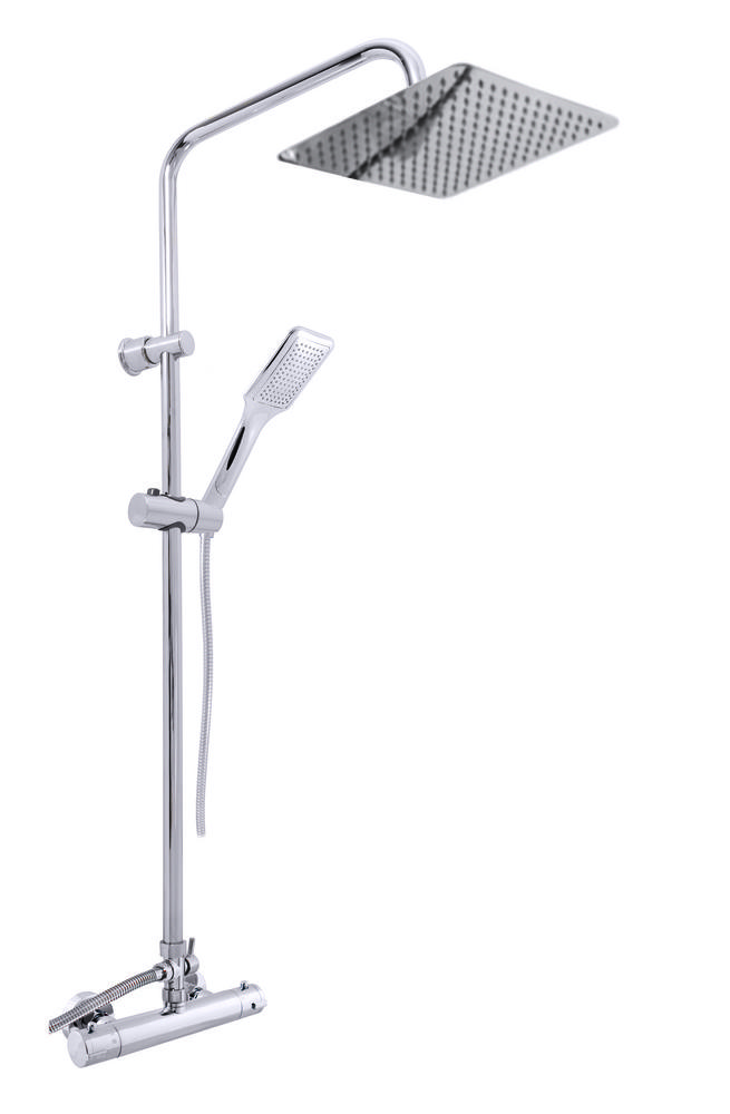 Vodovodná batéria sprchová nástenná termostatická, chrom, rozteč: 150 mm, vr. hranatej hlav. sprchy a ručnej sprchy, držiaku a spr. hadice, Slezák-RAV