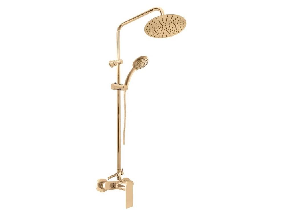 Vodovodná batéria sprchová nástenná, zlatá lesklá, rozteč 150 mm, vrátane hlavovej sprchy, ručnej sprchy, sprchovej hadice 1,3 m, NIL Slezák-RAV