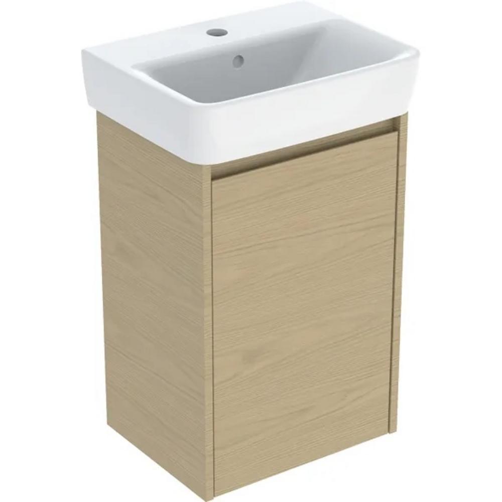 GEB Súprava malého umývadla Geberit Selnova Square so spodnou skrinkou, jedny dvierka: 45x69.7x34cm, Šírka umývadla=45cm, Umývadlo: biela, Korpus, Čelo: dub prírodný / Melamín s drevenou štruktúrou 504.131.PS.1